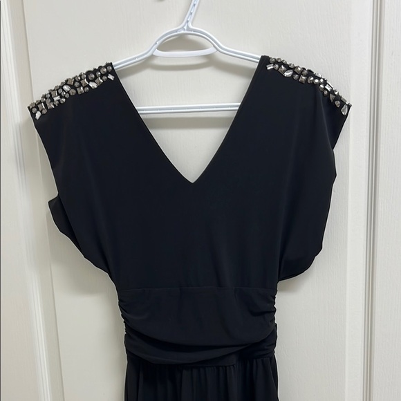 Guess Jumpsuit w/ Deep V Shoulder Embellished Ruched Waist | Size XS Black - Picture 2 of 7